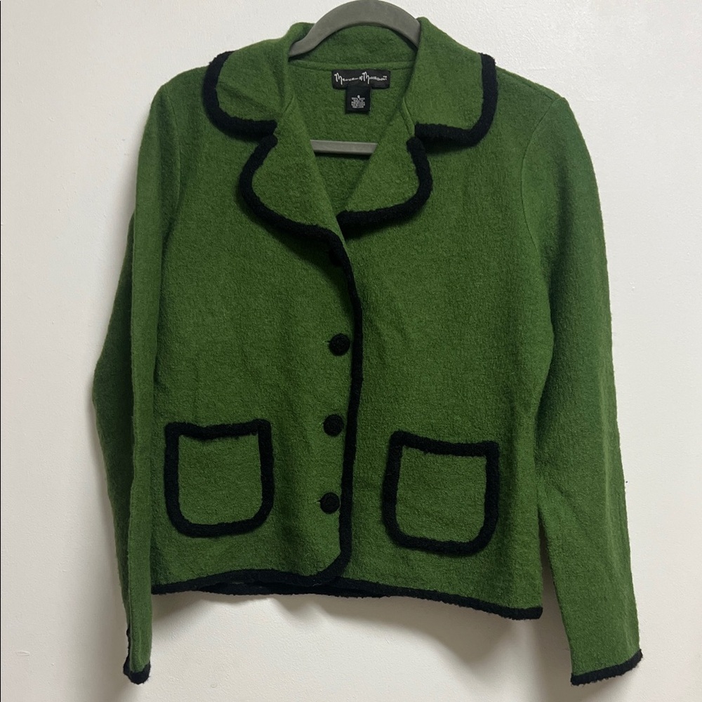 Mercer & Madison Green Boiled Wool Jacket Black Trim Grandma Vibes S/M